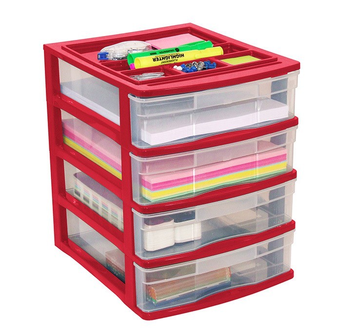 Clear Desktop 4 Drawer With Storage Tray - Red
