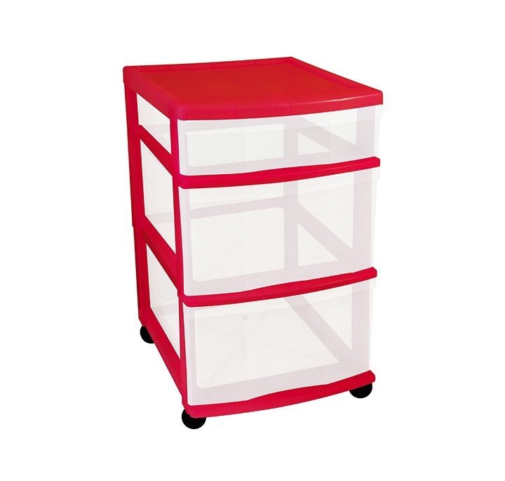 Clear Floor 3 Drawer Storage With Wheels - Red